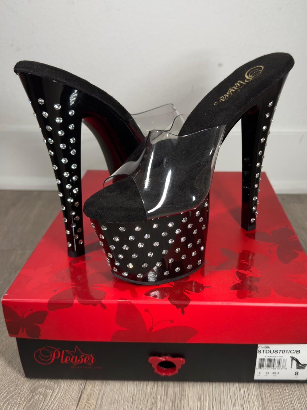 Pleaser Black Rhinestone Platform Heels with Clear Vinyl Strap